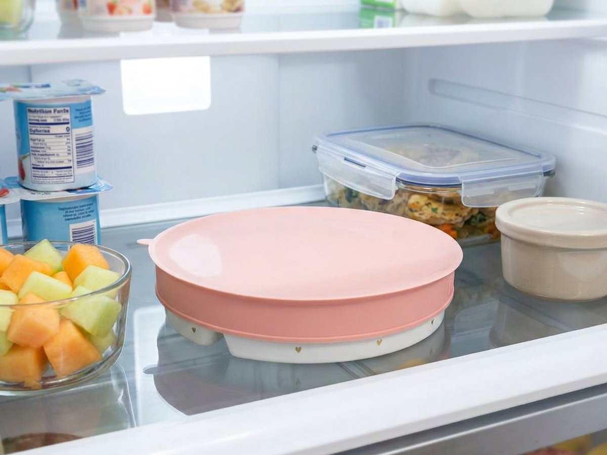 The plate covered with its silicone base, on a fridge shelf
