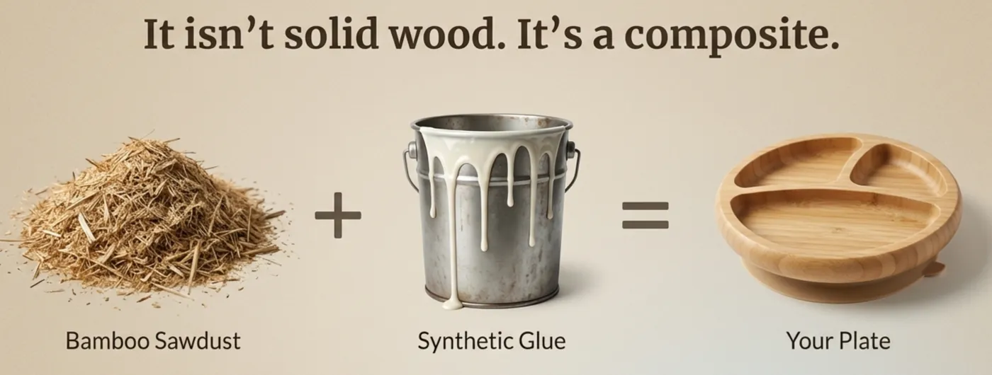 Bamboo sawdust plus synthetic glue equals a bamboo plate