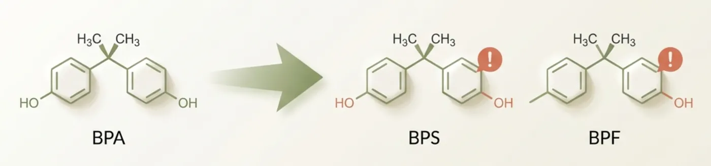 Chemical structures of BPA, BPS and BPF side by side