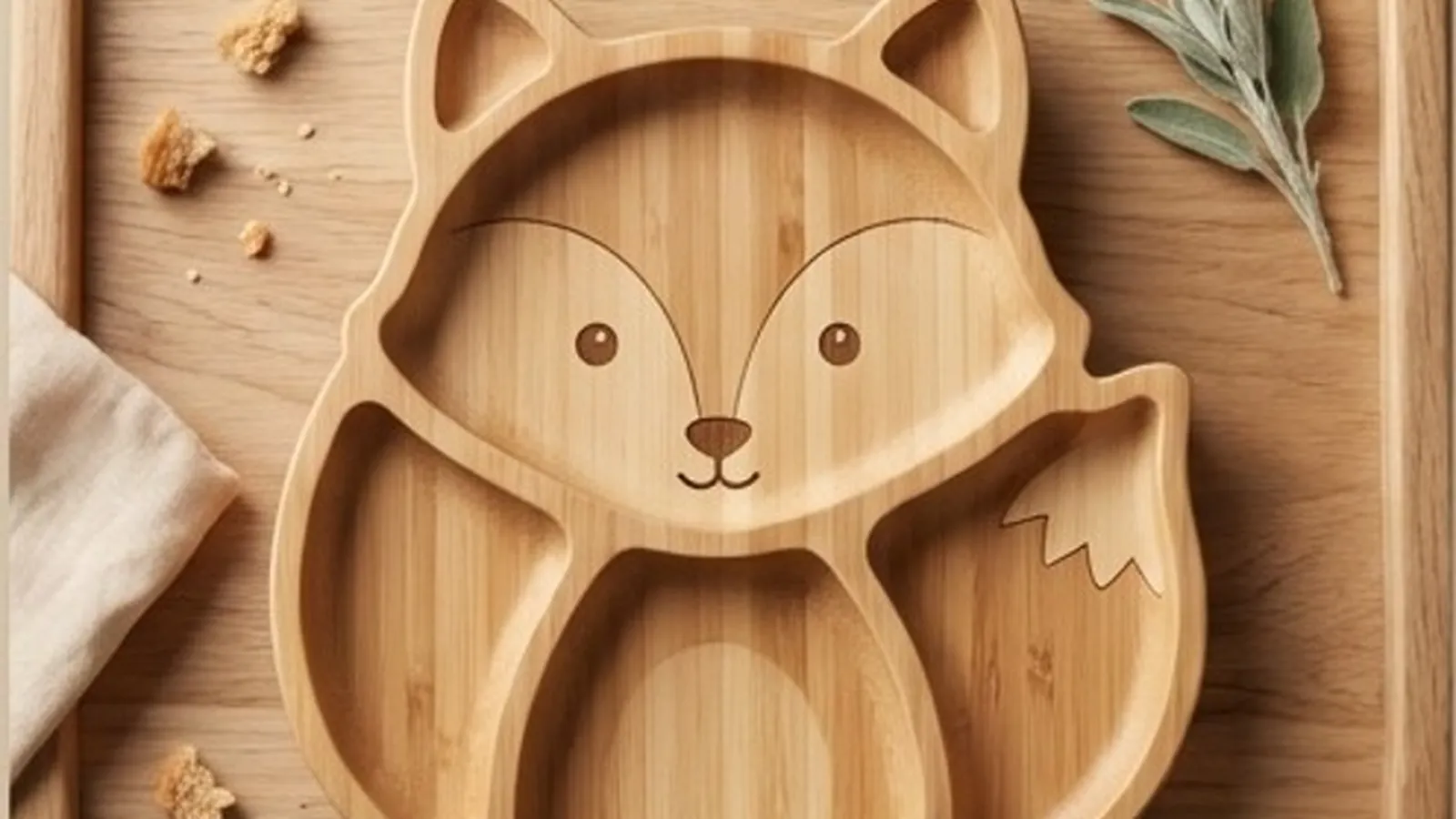 A fox-shaped bamboo plate on a high chair tray
