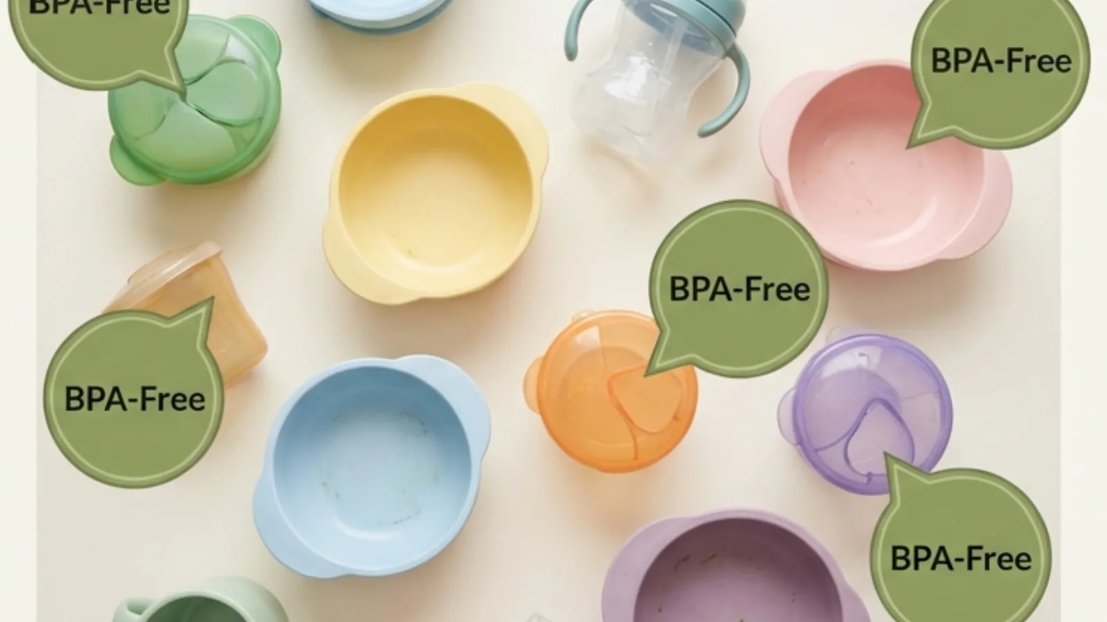 Pastel plastic baby bowls and cups, each tagged "BPA-free"