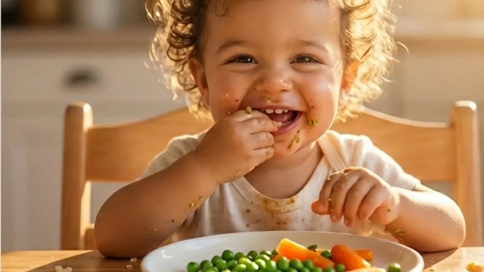A laughing toddler eating peas and carrots from a white ceramic plate