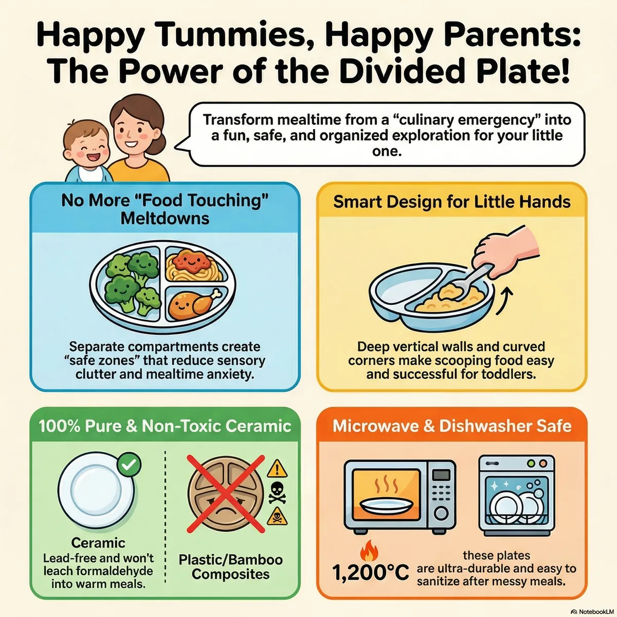 Illustrated guide to the benefits of a divided ceramic plate