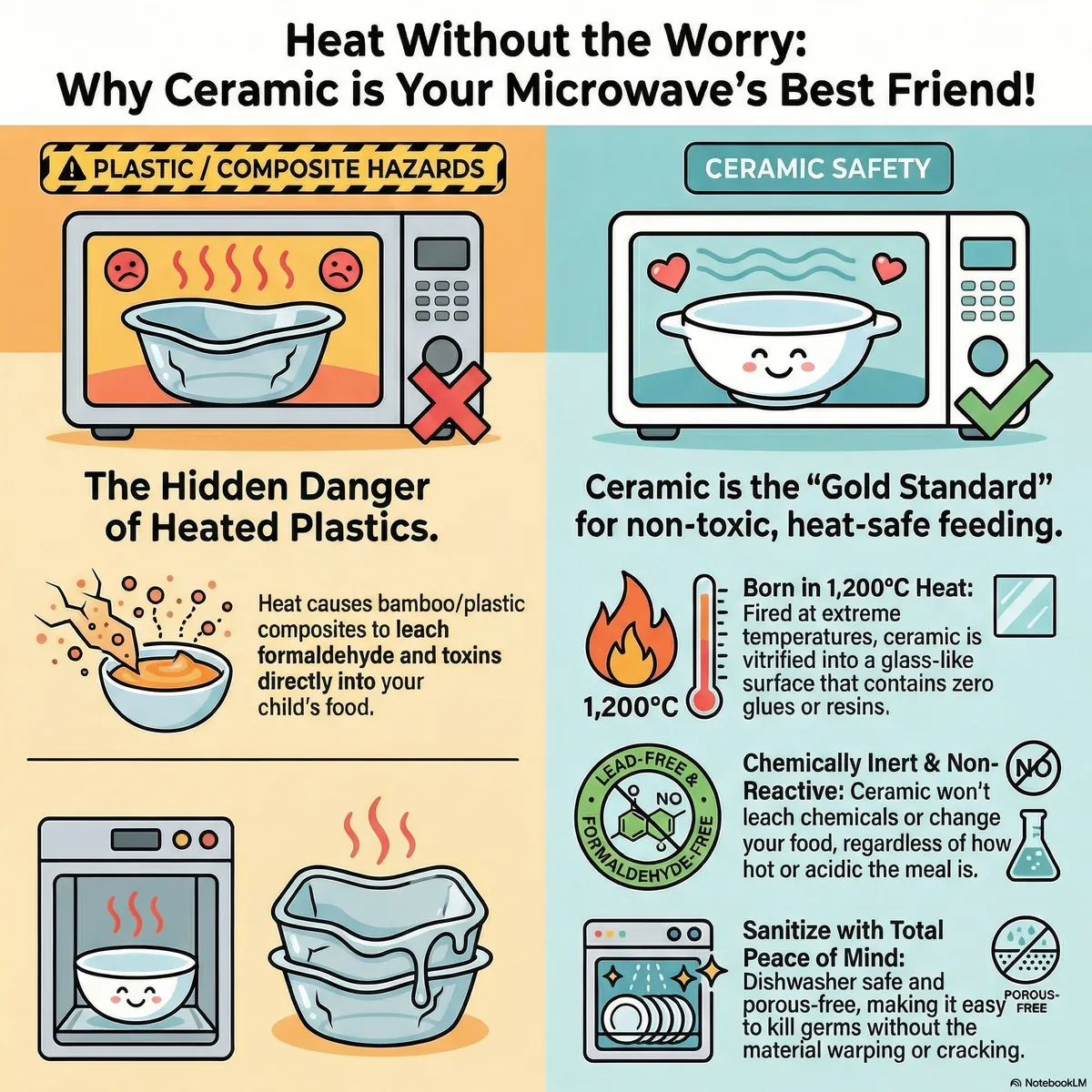 Illustrated comparison of heating food in plastic and in ceramic