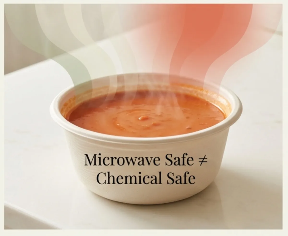 Steaming soup in a plastic tub labelled "microwave safe is not chemical safe"