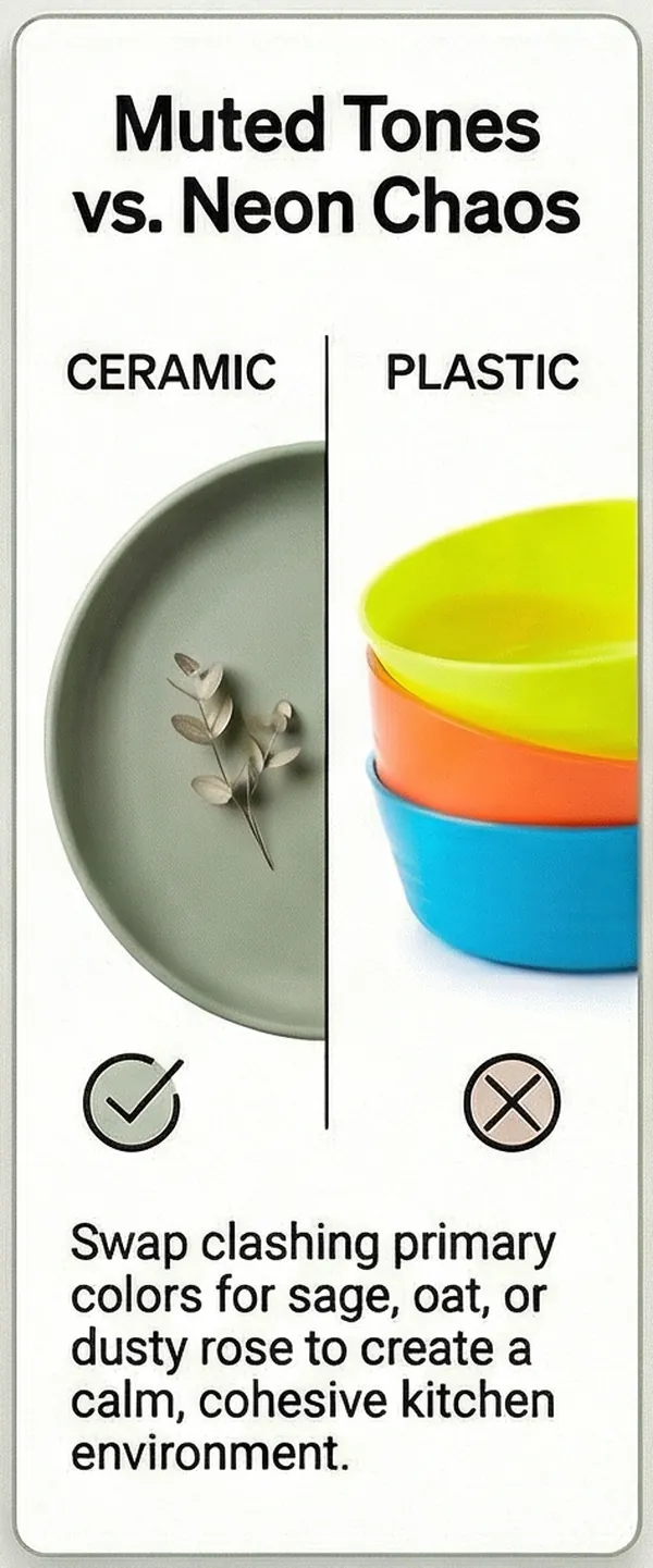 A sage ceramic plate beside stacked neon plastic bowls