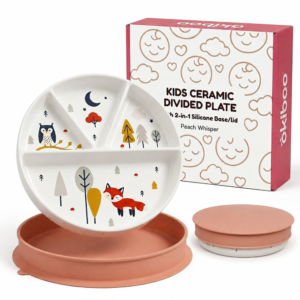 Divided Ceramic Plate for Kids with Silicone Lid - Peach Whisper | Okiboo