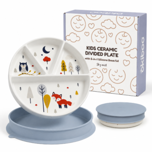 Divided Ceramic Toddler Plate with Silicone Lid - Sky Blue | Okiboo