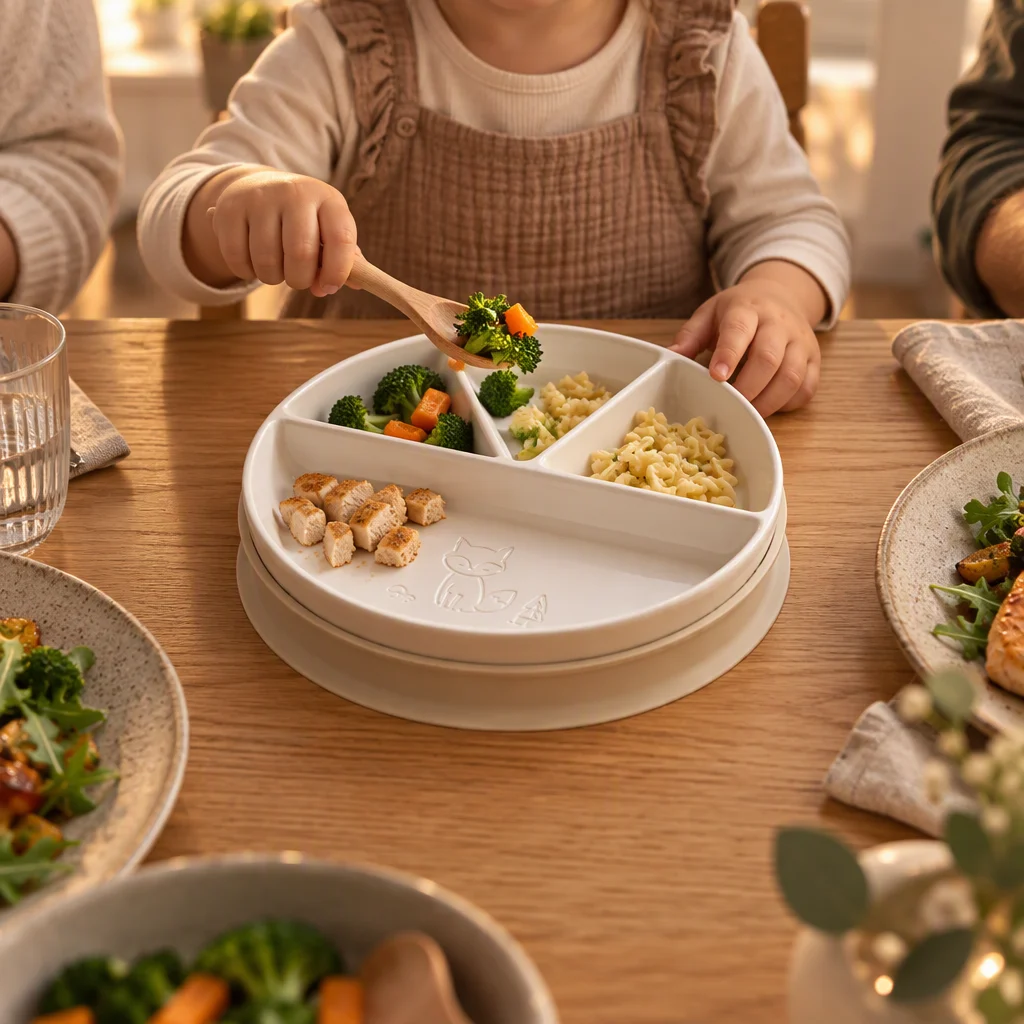 The plate with a colourful small lunch (avocado slices, cherry tomatoes cut in half, cucumber, rice) among muted ceramics in sage, oat and dusty rose, a small bud vase with one stem, a linen runner and a wooden cup