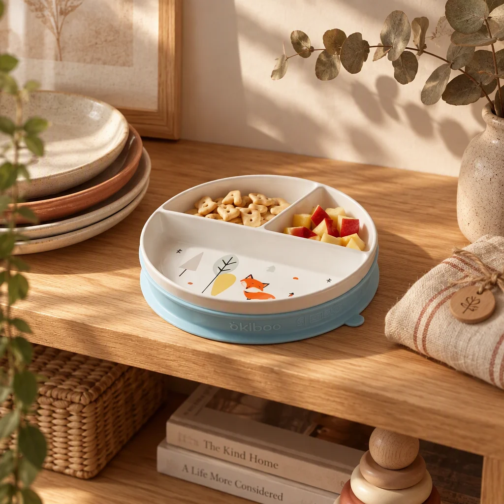 The plate rests on an open light-oak shelf beside a short stack of adult ceramic plates in oat and clay, a small linen-wrapped bundle and a sprig of dried eucalyptus.