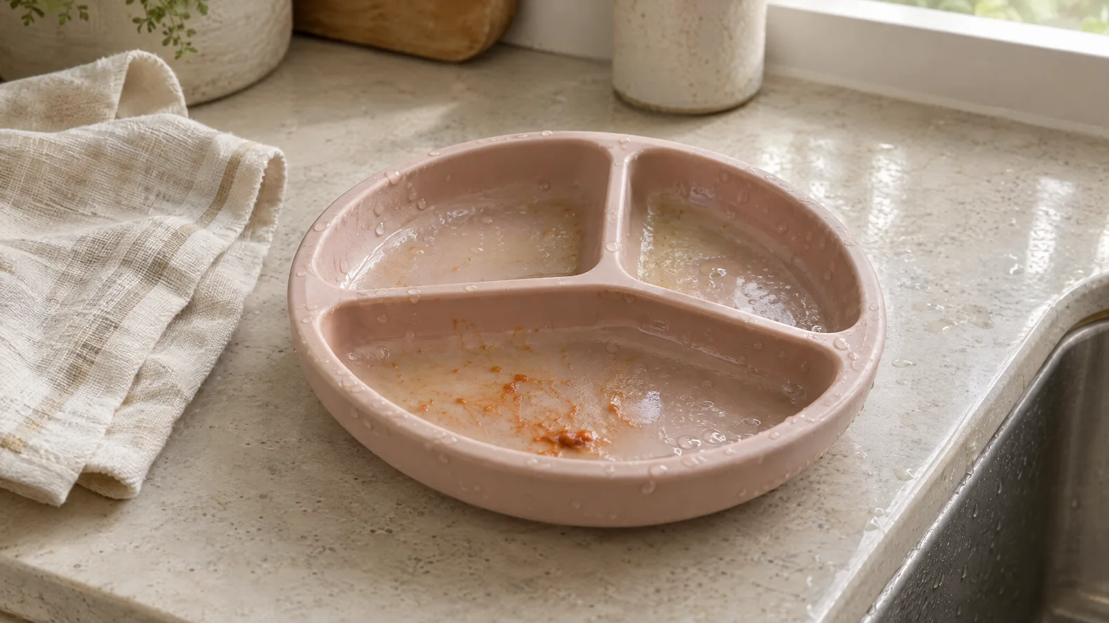 A pink silicone baby plate by the sink with a tomato stain and a greasy film left after washing