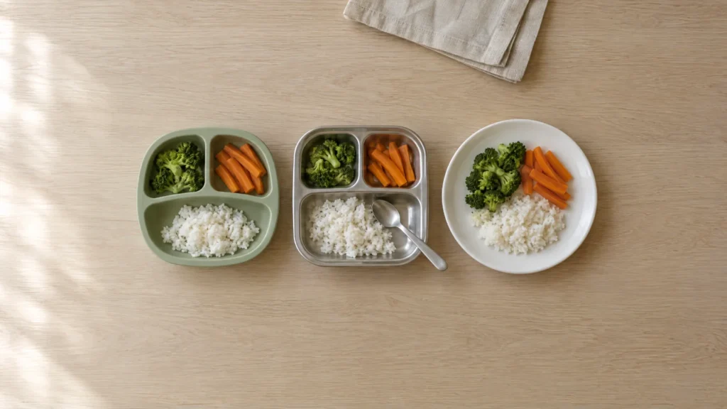 A sage silicone plate, a stainless steel tray and a white porcelain plate, each with broccoli, carrots and rice