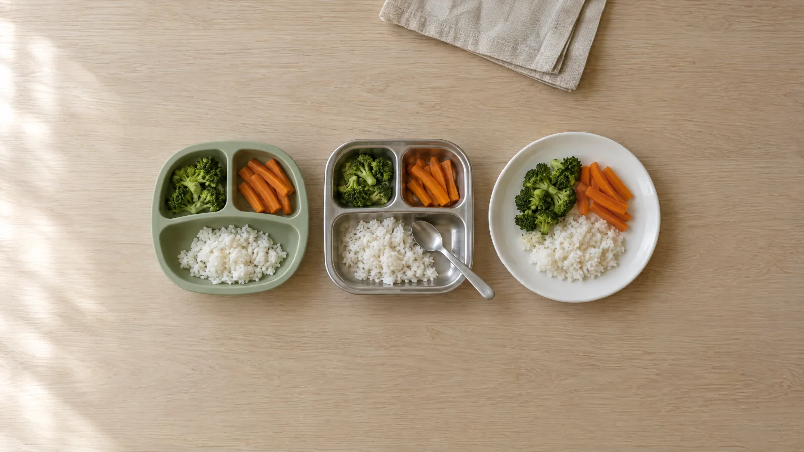 A sage silicone plate, a stainless steel tray and a white porcelain plate, each with broccoli, carrots and rice