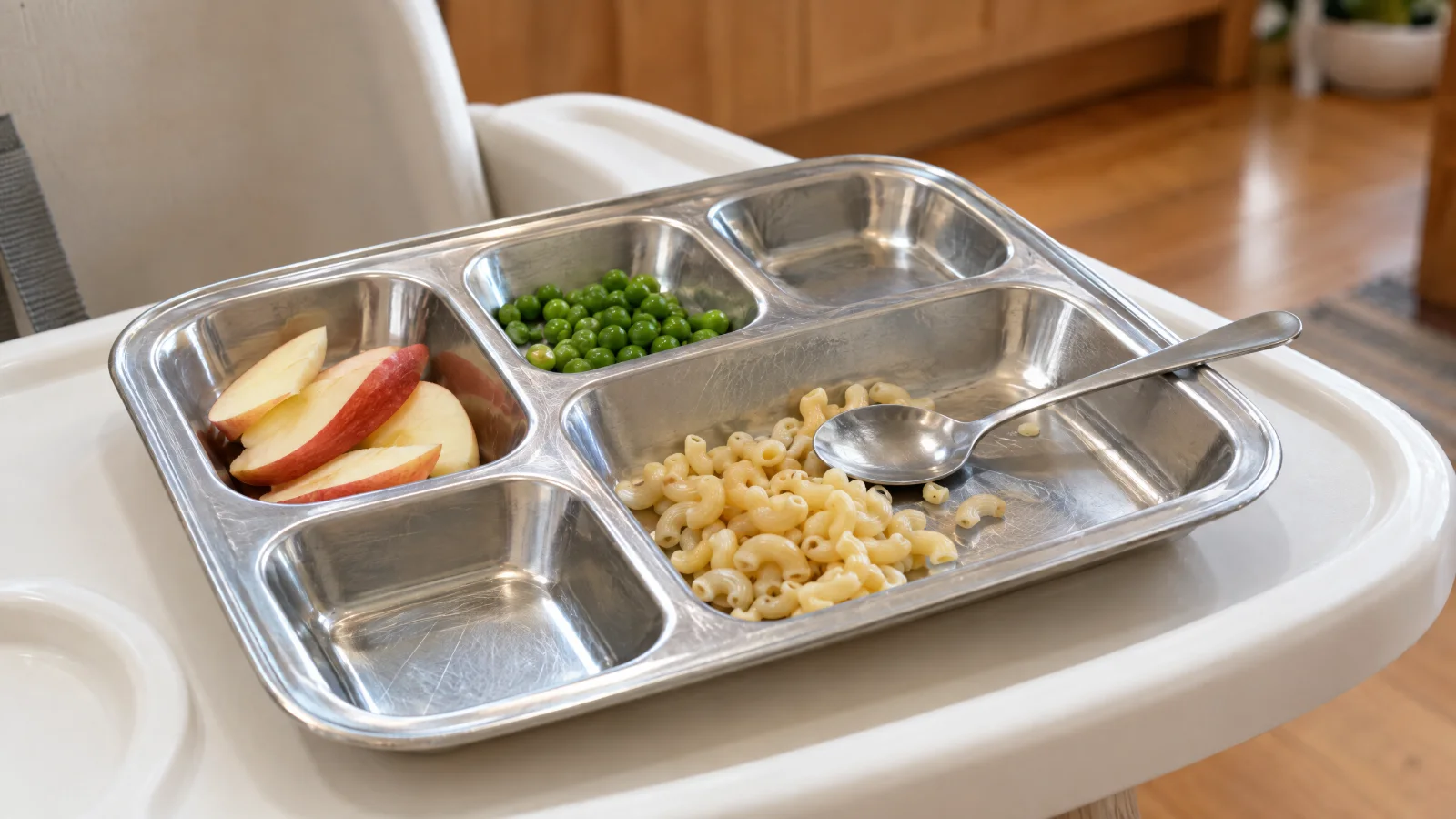 A stainless steel divided kids tray with pasta, peas and apple slices on a high chair tray