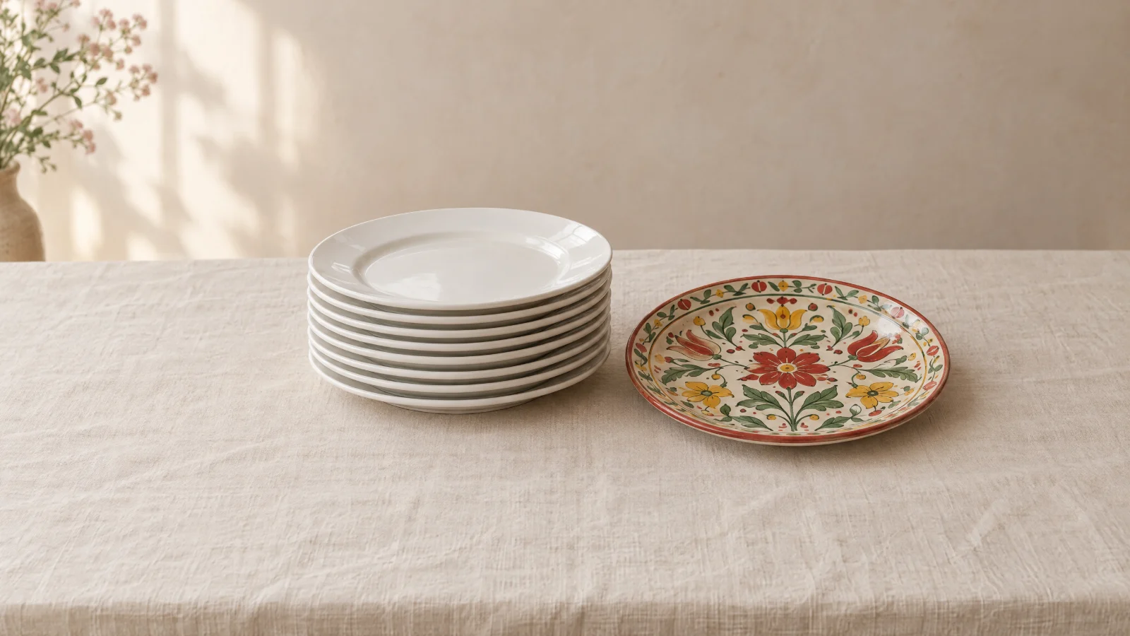 A stack of plain white porcelain plates beside a hand-painted vintage plate on linen