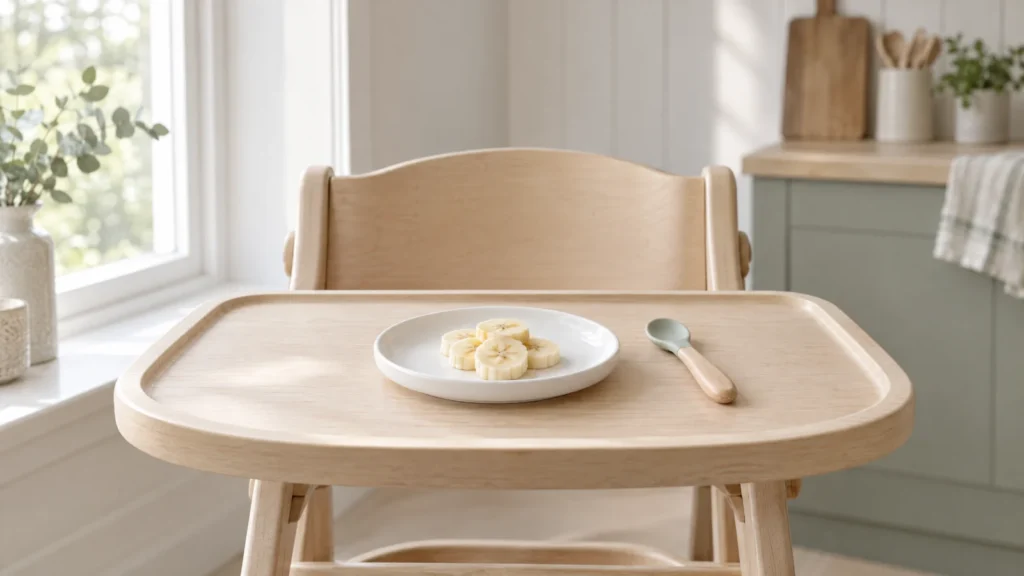 A small white ceramic plate with banana slices on a wooden high chair tray